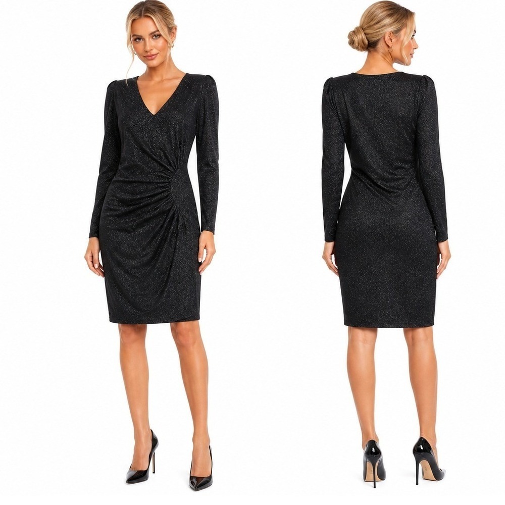 Liu Jo Milano Black Shimmer Jersey Lurex Ruched V-Neck Sheath Dress WA1227 J4018 - Picture 4 of 7